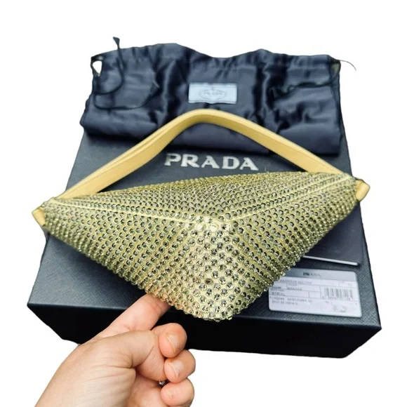 PRADA***Gold Crystal Pineapple Yellow Satin Triangle Bag***$2600 NWB - Picture 7 of 13